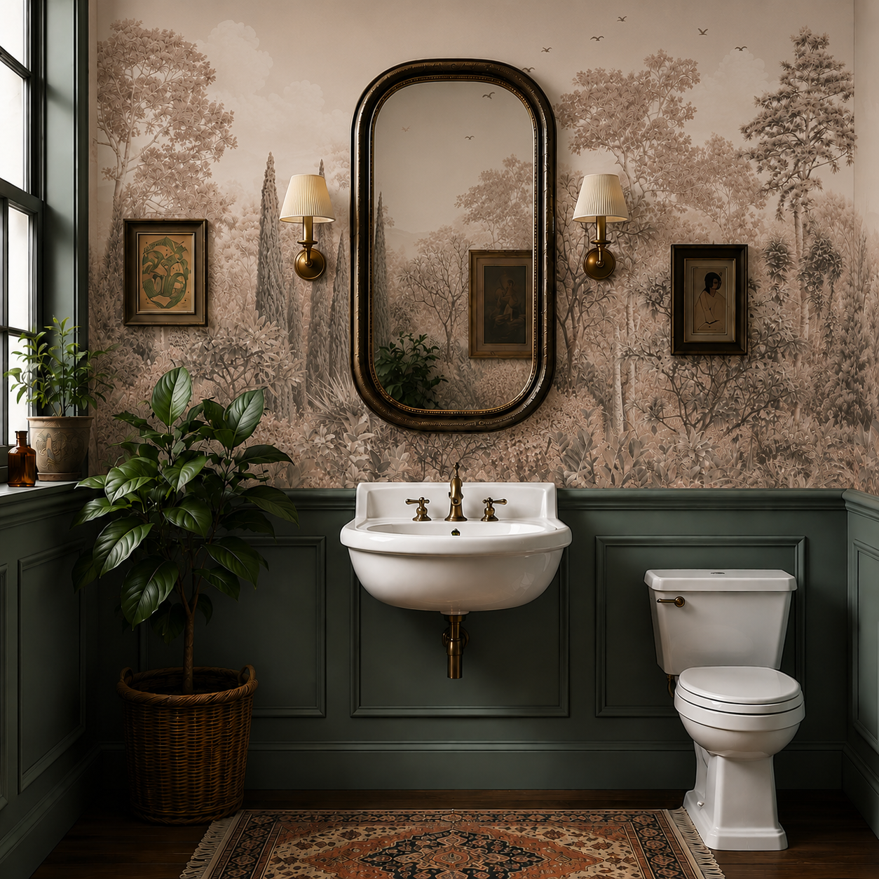 Vintage botanical garden wallpaper in warm neutral tones in a classic bathroom with dark green paneling and brass accents.