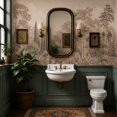Vintage botanical garden wallpaper in warm neutral tones in a classic bathroom with dark green paneling and brass accents.