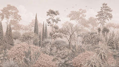 Sepia botanical garden wall mural with dense trees, layered foliage, birds and a softly faded landscape.