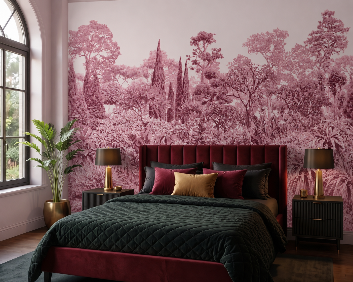 Rose pink vintage botanical wall mural in an elegant bedroom with blush textiles, cream bedding and wooden nightstands.