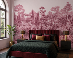 Rose pink vintage botanical wall mural in an elegant bedroom with blush textiles, cream bedding and wooden nightstands.