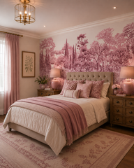 Pink botanical garden wallpaper decorating a classic staircase with black railing and antique wooden console.