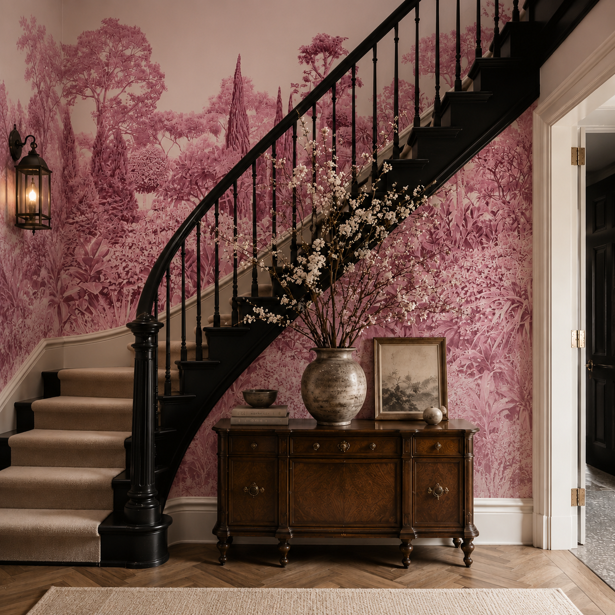 Pink botanical garden wallpaper in a dramatic bedroom with burgundy velvet bed, dark green bedding and brass lamps.