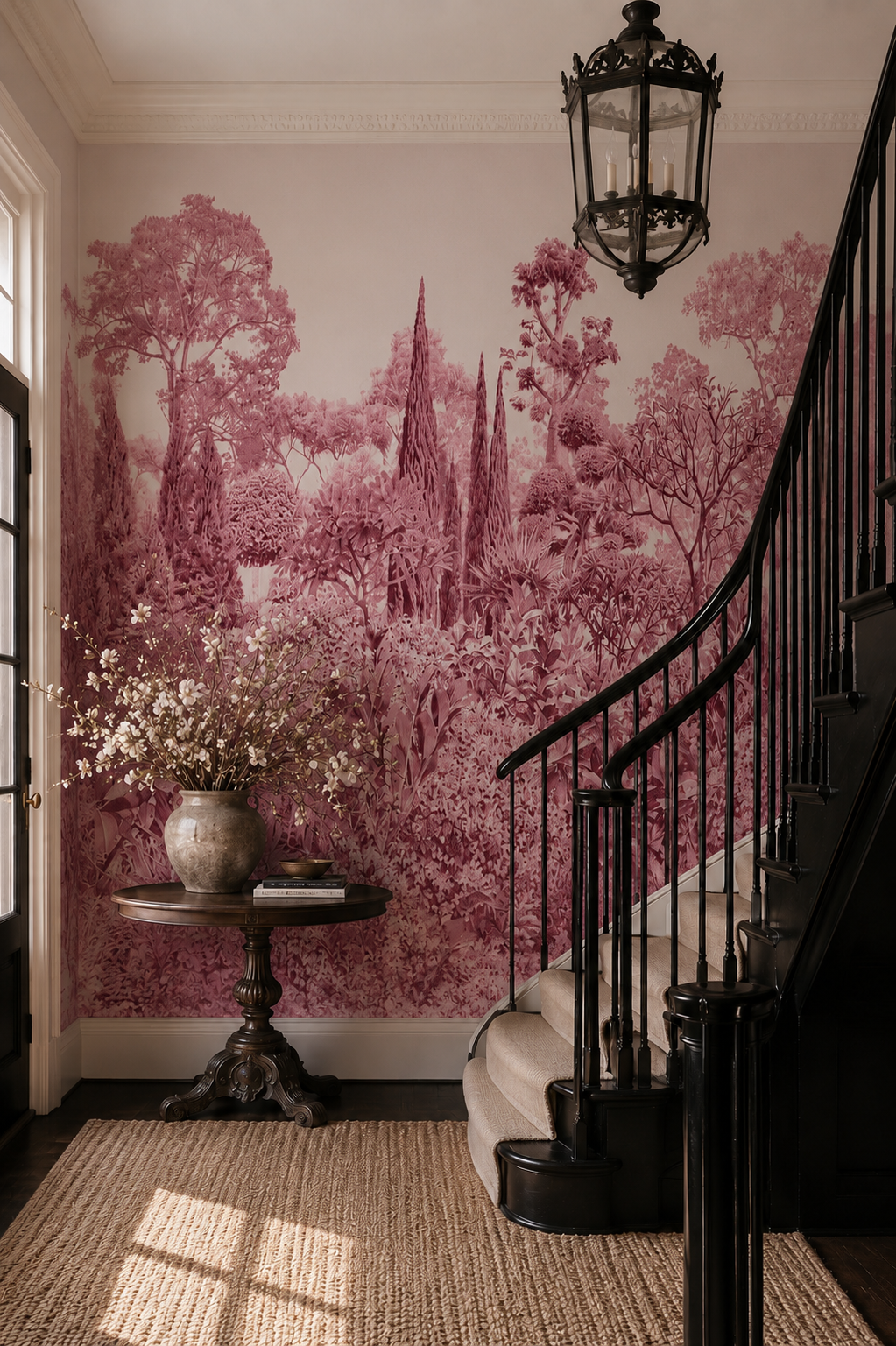Vintage pink landscape wall mural with dense trees and foliage in a traditional staircase interior.
