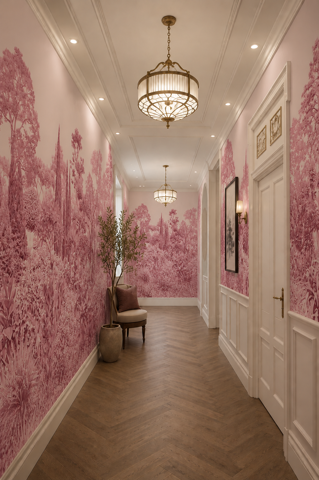 Rose botanical wallpaper in a long elegant hallway with white wall paneling, brass lighting and herringbone wood floor.