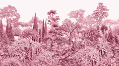 Monochrome pink botanical garden mural with layered trees, dense foliage and detailed vintage landscape illustration.
