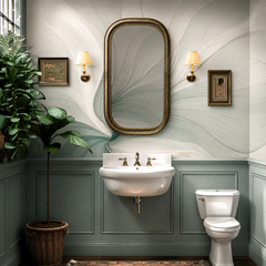 Abstract sage flower petal wallpaper in a powder room with green wainscoting.