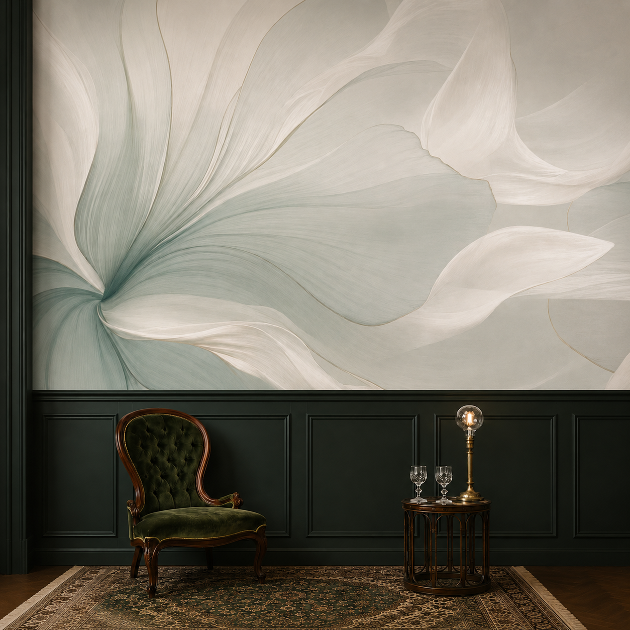 Abstract sage flower petal wallpaper above dark green paneling with velvet chair.
