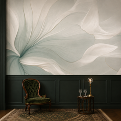 Abstract sage flower petal wallpaper above dark green paneling with velvet chair.
