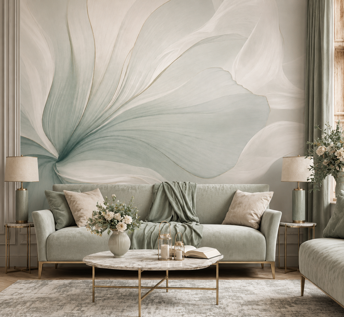Abstract sage flower petal wallpaper behind a sage sofa in a living room.