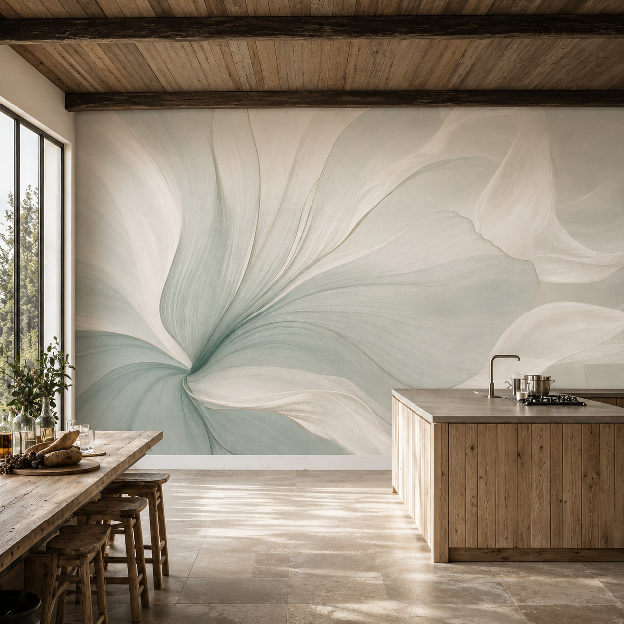 Abstract sage flower petal wallpaper in a kitchen with wooden beams.