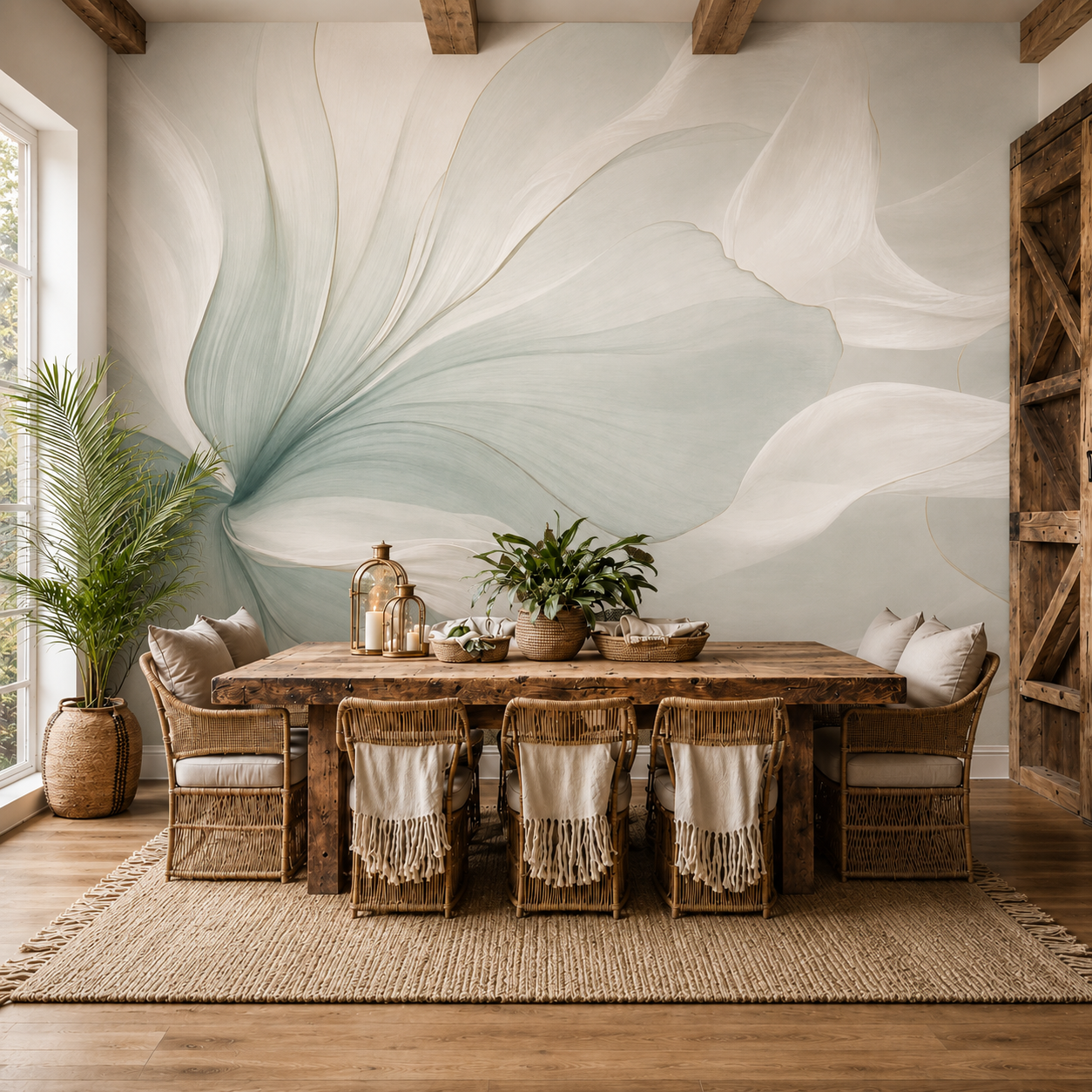 Abstract sage flower petal wallpaper in a rustic dining room.