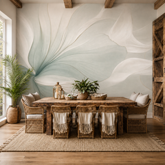 Abstract sage flower petal wallpaper in a rustic dining room.