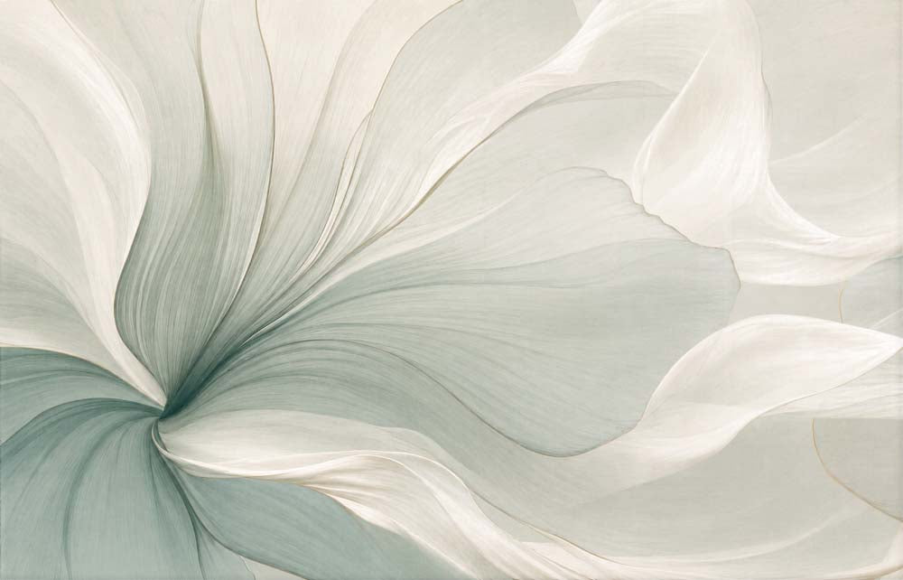 Abstract wallpaper with oversized flowing flower petals in soft sage, seafoam and ivory.