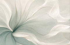Abstract wallpaper with oversized flowing flower petals in soft sage, seafoam and ivory.