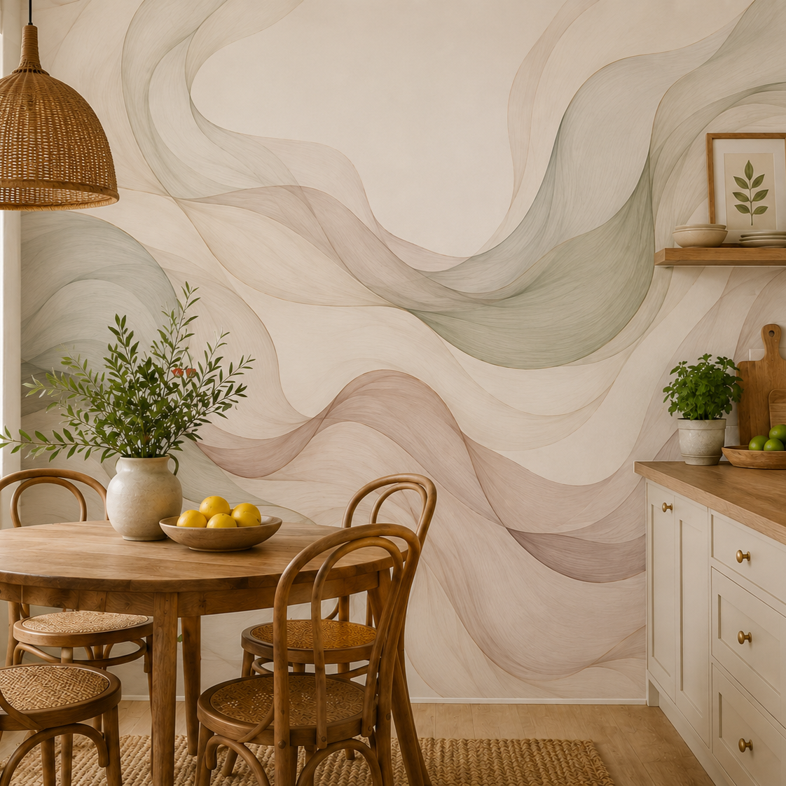 Abstract sage and blush wave wallpaper in a kitchen with round dining table.