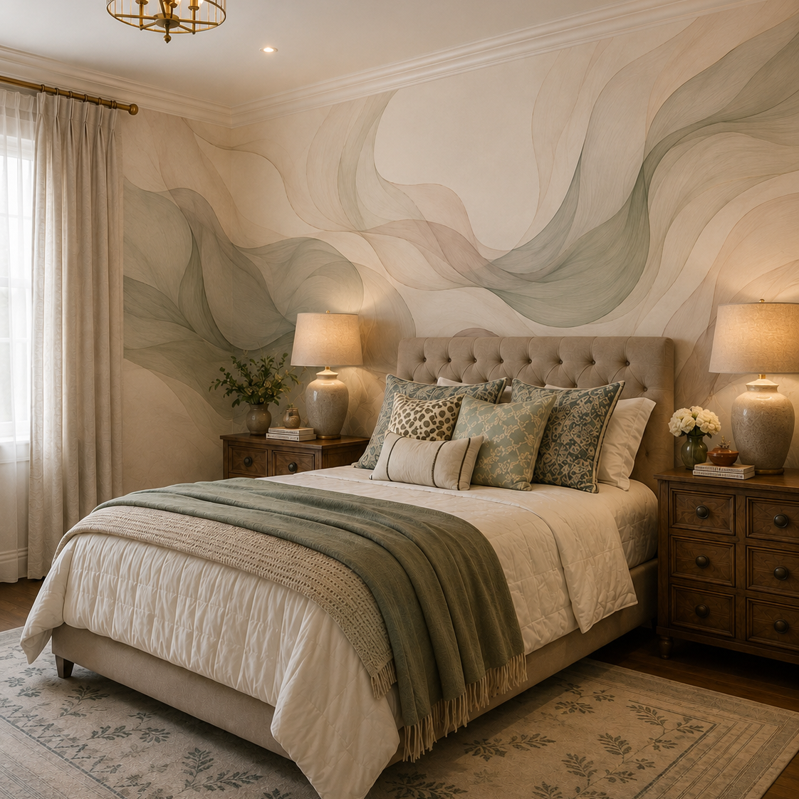 Abstract sage and blush wave wallpaper behind the bed in a classic bedroom.