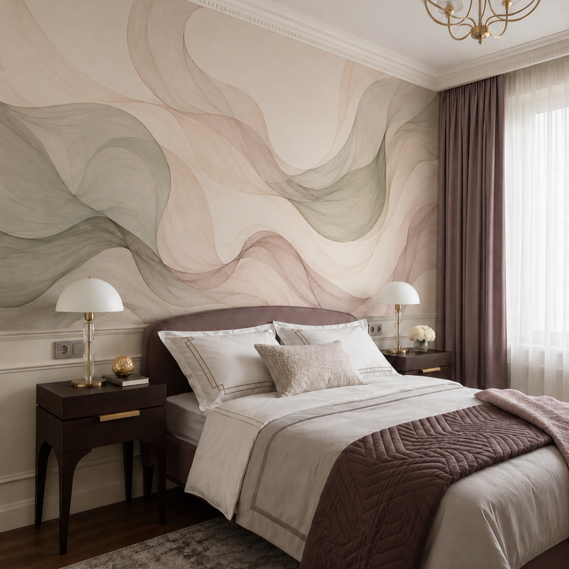 Abstract sage and blush wave wallpaper in a bedroom with mauve bedding.