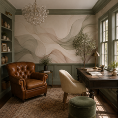Abstract sage and blush wave wallpaper in a study with leather armchair.