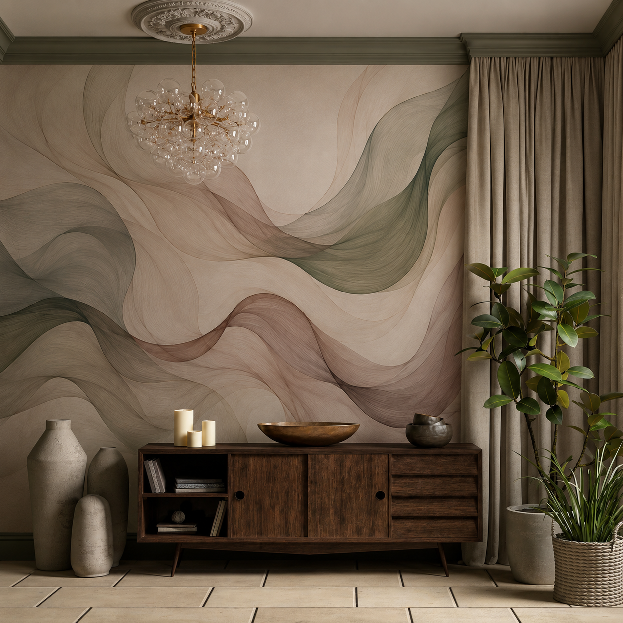 Abstract sage and blush wave wallpaper above a wooden sideboard.