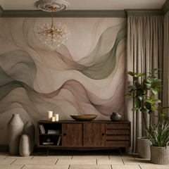 Abstract sage and blush wave wallpaper above a wooden sideboard.