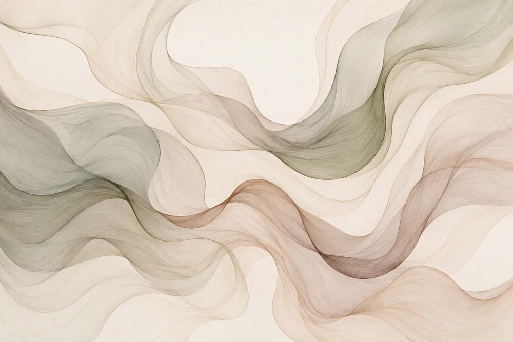 Abstract wallpaper with flowing watercolor waves in sage green, blush mauve and beige on cream.