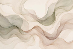 Abstract wallpaper with flowing watercolor waves in sage green, blush mauve and beige on cream.