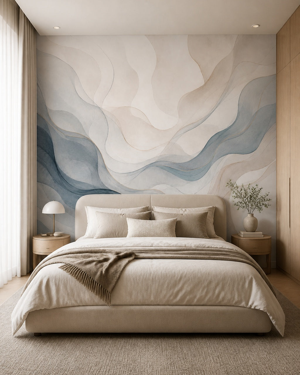 Blue and cream abstract waves wallpaper in a calm neutral bedroom.
