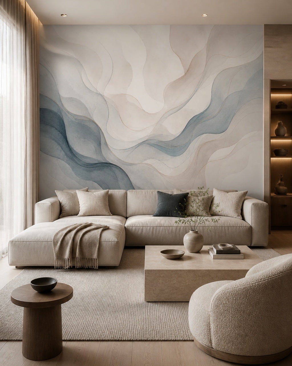 Blue and cream abstract waves wallpaper in a modern living room.