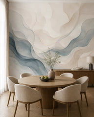Blue and cream abstract waves wallpaper in a dining room with a round table.