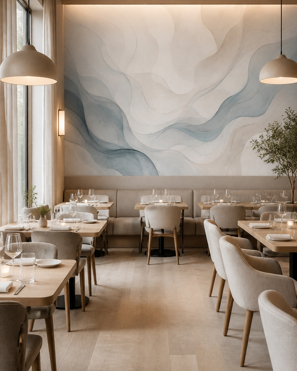 Blue and cream abstract waves wallpaper in a restaurant interior.