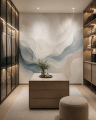 Blue and cream abstract waves wallpaper in a walk-in closet.