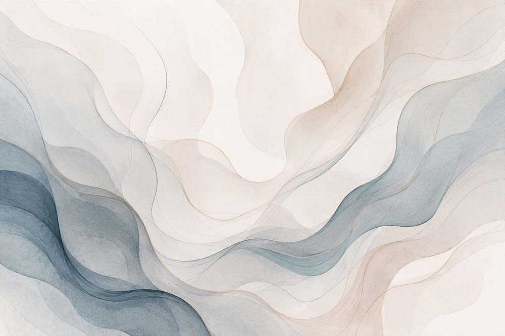 Abstract wallpaper with soft flowing waves in cream, beige and dusty blue.