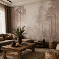 Blush pink misty forest wallpaper with tall trees and wildflowers in a warm neutral living room.