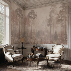 Soft woodland wall mural in dusty pink and beige decorating an elegant classic sitting room with vintage furniture.