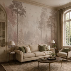 Neutral pink forest wallpaper behind a cream sofa in a sophisticated living room with traditional architectural details.