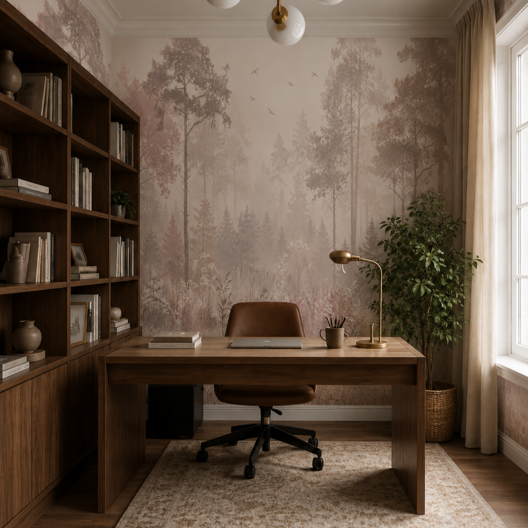 Misty blush woodland mural used in a cozy home office with dark wood furniture and natural greenery.