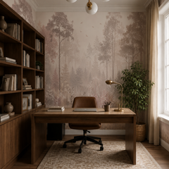 Misty blush woodland mural used in a cozy home office with dark wood furniture and natural greenery.