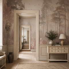 Soft botanical forest wallpaper with muted pink trees and birds decorating an elegant neutral hallway.