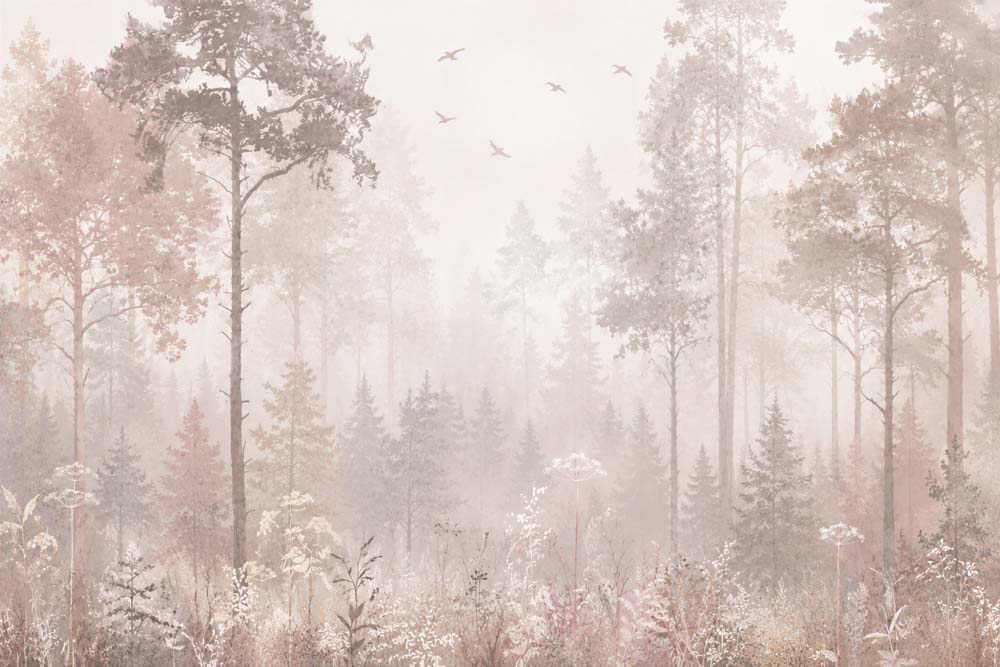 Blush and beige misty forest wall mural with tall woodland trees, delicate wildflowers and flying birds.