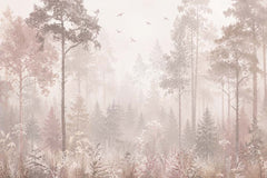 Blush and beige misty forest wall mural with tall woodland trees, delicate wildflowers and flying birds.