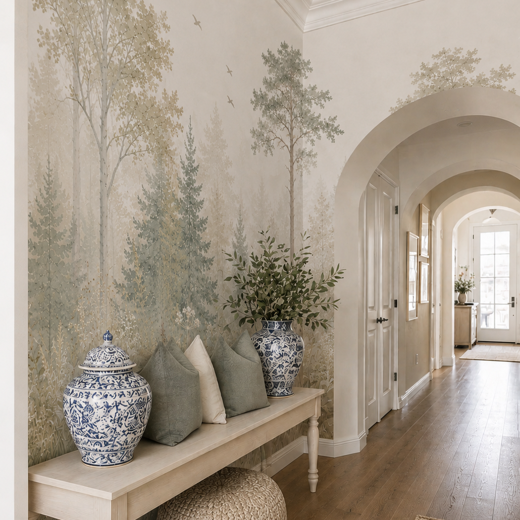 Soft woodland mural with muted green trees, wildflowers and birds in a bright classic interior.