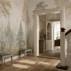 Neutral beige and sage forest wallpaper with tall birch and pine trees decorating an elegant hallway.