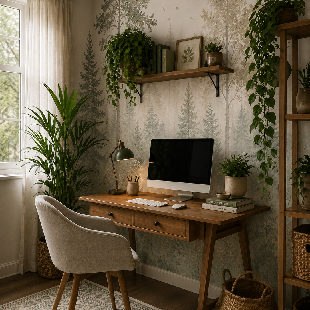 Neutral forest wallpaper behind a wooden home office desk with plants and warm natural decor.