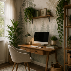 Neutral forest wallpaper behind a wooden home office desk with plants and warm natural decor.