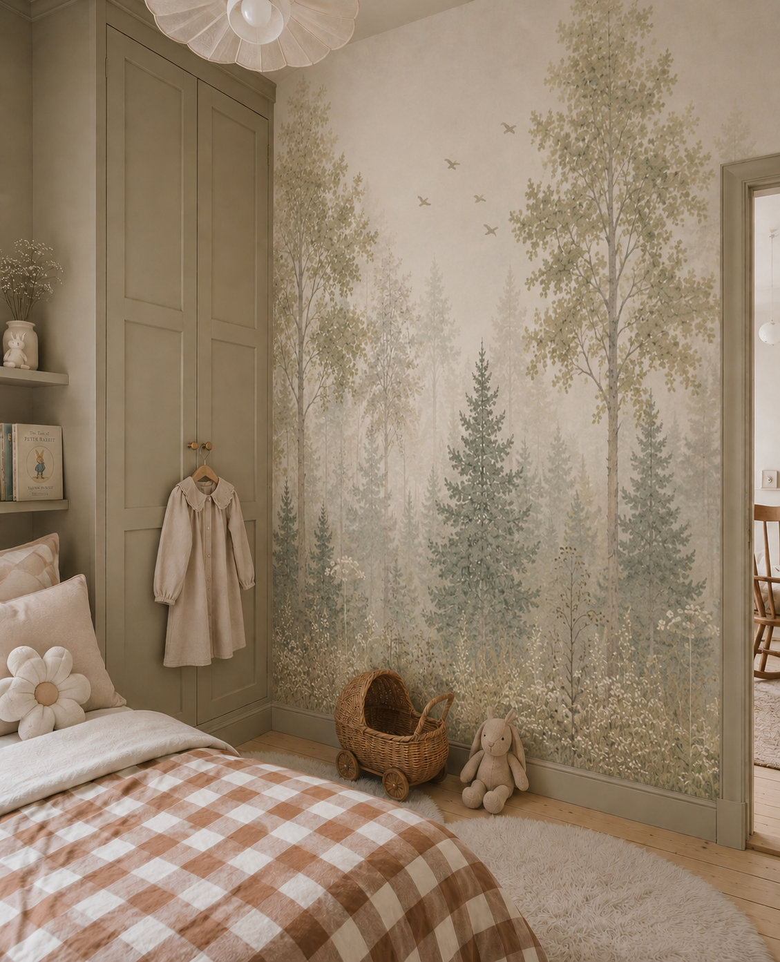 Beige and sage woodland wall mural decorating a cozy neutral bedroom with soft botanical styling.