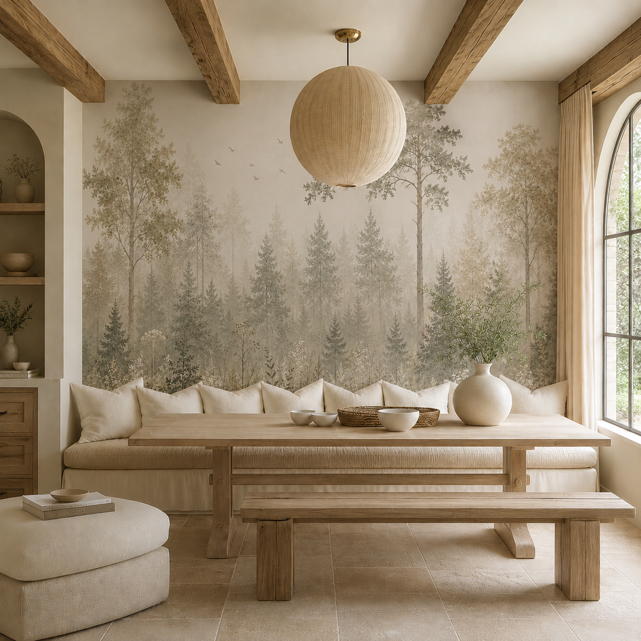 Misty forest wallpaper with tall trees and meadow grasses in a warm Scandinavian dining room.