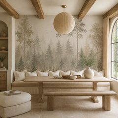 Misty forest wallpaper with tall trees and meadow grasses in a warm Scandinavian dining room.