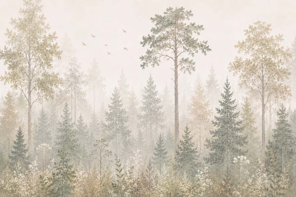 Neutral green and beige forest mural with birch trees, pine trees, wildflowers and flying birds.