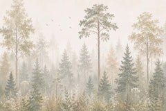 Neutral green and beige forest mural with birch trees, pine trees, wildflowers and flying birds.